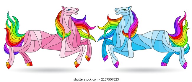 A set of illustrations in the style of stained glass with abstract horses, animals isolated on a white background