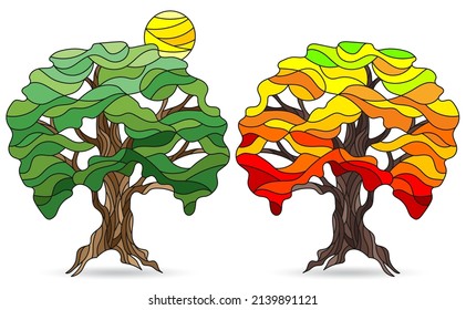 A set of illustrations in the style of stained glass with abstract trees, plants isolated on a white background