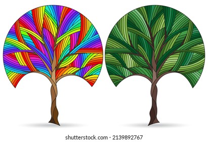 A set of illustrations in the style of stained glass with abstract trees, plants isolated on a white background