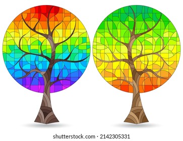 Un conjunto de ilustraciones al estilo de vidrios con árboles abstractos, plantas aisladas en un fondo blanco