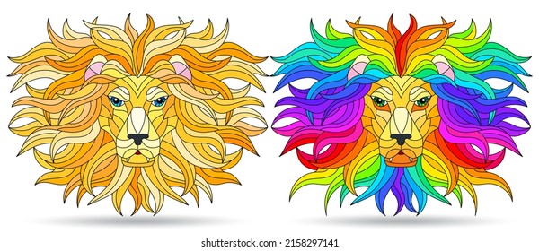 A set of illustrations in the style of stained glass with portraits of lions, muzzles isolated on a white background