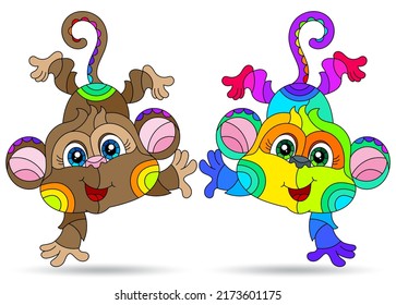 A set of illustrations in the style of stained glass with cute cartoon monkeys, animals isolated on a white background
