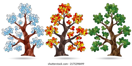A set of illustrations in the style of stained glass with abstract trees, plants isolated on a white background
