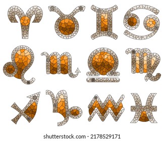 A set of illustrations in the style of stained glass with zodiac signs, icons isolated on a white background, tone brown