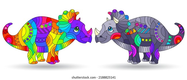 A set of illustrations in the style of stained glass with bright dinosaurs triceratopses, animals isolated on a white background