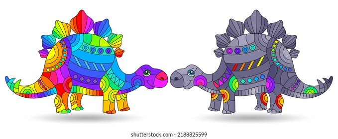 A set of illustrations in the style of stained glass with bright dinosaurs, animals isolated on a white background