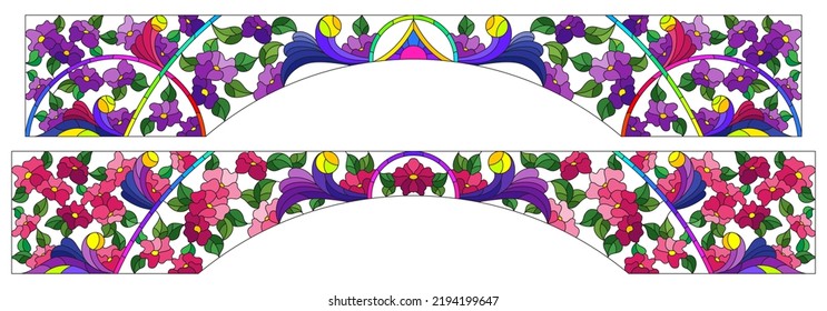 A set of illustrations in the style of stained glass with floral ornaments, designs for arches