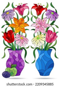 A set of illustrations in the style of stained glass with floral still lifes, flowers isolated on a white background