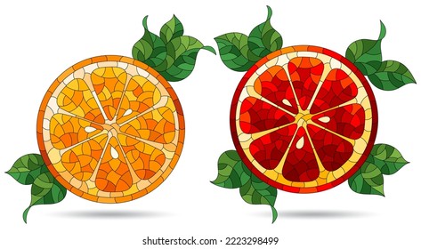 A set of illustrations in the style of stained glass with orange slices, fruit isolated on a white background