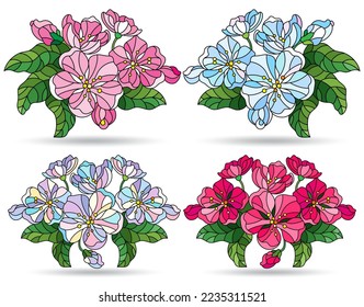 A set of illustrations in the style of stained glass with cherry blossoms, plants isolated on a white background