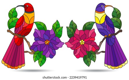 A set of illustrations in the style of stained glass with bright birds on the branches of flowering plants, animals isolated on a white background