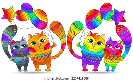 A set of illustrations in the style of stained glass with bright cute cats, animals isolated on a white background