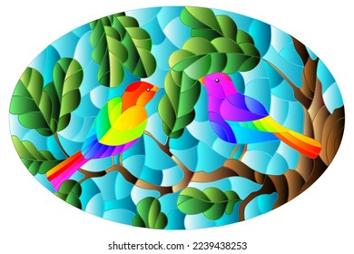 A set of illustrations in the style of stained glass with bright birds on oak branches, oval image