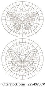 A set of illustrations in the style of stained glass with openwork butterflies, dark contours on a white background