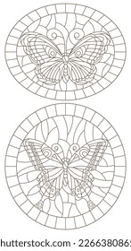 A set of illustrations in the style of stained glass with openwork butterflies, dark contours on a white background