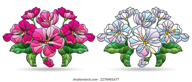 A set of illustrations in the style of stained glass with cherry blossoms, plants isolated on a white background