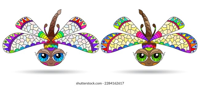 A set of illustrations in the style of a stained glass window with dragonflies, insects isolated on a white background