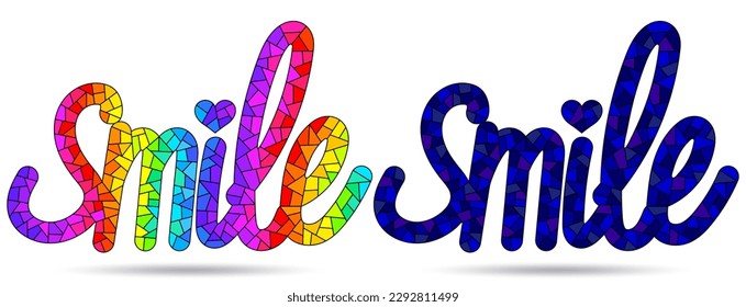 A set of illustrations in the style of stained glass with inscriptions smile, words isolated on a white background