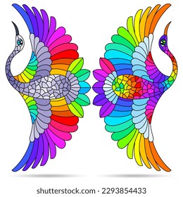 A set of illustrations in the style of stained glass with swans flying birds, animals isolated on a white background