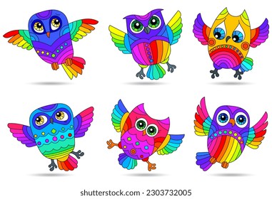 A set of illustrations in the style of stained glass with bright cartoon owls, animals isolated on a white background