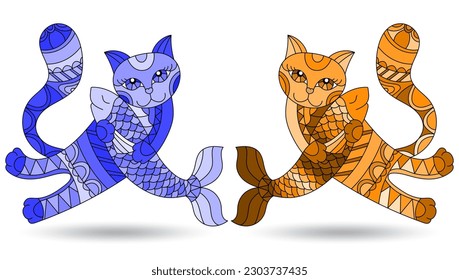 A set of illustrations in the style of stained glass with cute cartoon cats and fish, animals isolated on a white background, tone blue and brown