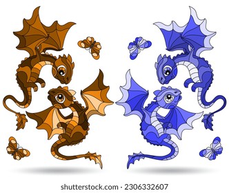 Set of illustrations in the style of stained glass with cartoon dragons, animals isolated on a white background, tone blue and brown