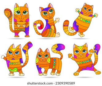 A set of illustrations in the style of stained glass with cute cats, animals isolated on a white background