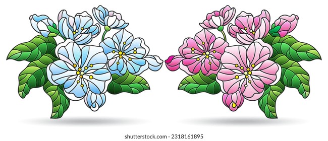 A set of illustrations in the style of stained glass with cherry blossoms, plants isolated on a white background