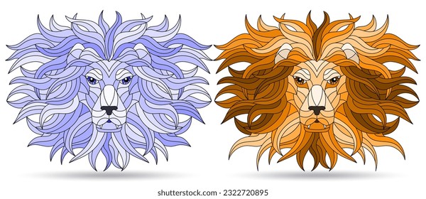 A set of illustrations in the style of stained glass with portraits of lions, muzzles isolated on a white background, tone blue and brown