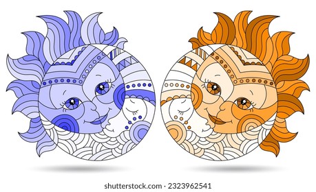 A set of illustrations in the style of a stained glass window with the sun and moon isolated on a white background, tone blue and brown