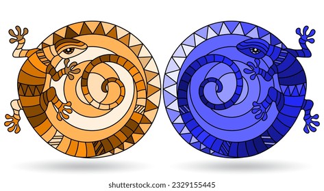 A set of illustrations in the style of stained glass with abstract lizards, animals isolated on a white background, tone blue and brown