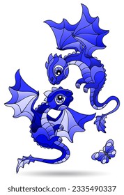 Set of illustrations in the style of stained glass with cartoon dragons, animals isolated on a white background, tone blue