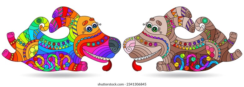 A set of illustrations in the style of stained glass with bright cartoon dogs, animals isolated on a white background