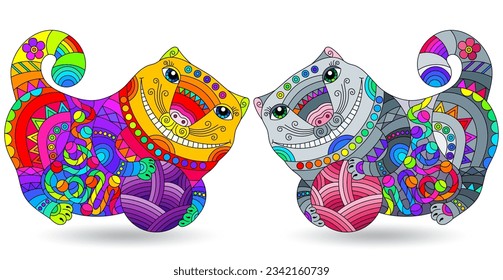 A set of illustrations in the style of stained glass with abstract cartoon cats, animals isolated on a white background