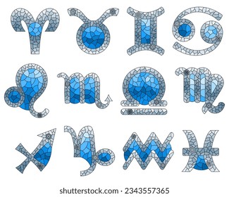 A set of illustrations in the style of stained glass with zodiac signs, icons isolated on a white background, tone blue