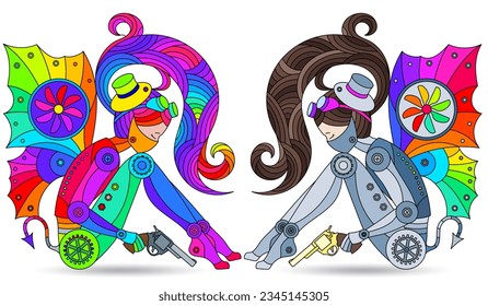 A set of illustrations in the style of stained glass with abstract bright girls, isolated on a white background
