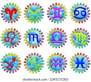 A set of illustrations in the style of stained glass with zodiac signs in gears, icons isolated on a white background