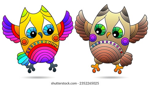 A set of illustrations in the style of stained glass with bright cartoon owls, animals isolated on a white background