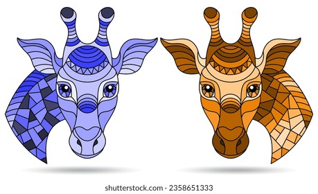 A set of illustrations in the style of stained glass with the faces of giraffes, animals isolated on a white background, tone blue and brown