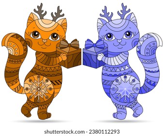 Eine Reihe von Illustrationen im Stil von Buntglas mit süßen Cartoon-Katzen, Tieren einzeln auf weißem Hintergrund, Ton-Blau und Braun