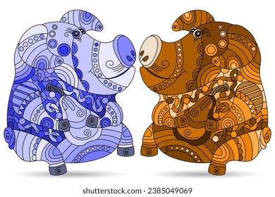 A set of illustrations in the style of stained glass with cartoon pigs, animals isolated on a white background, tone blue and borwn