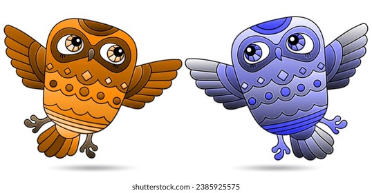 A set of illustrations in the style of stained glass with a cartoon owls, animals isolated on a white background, tone blue and brown