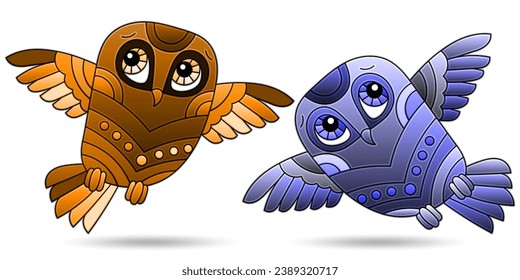 A set of illustrations in the style of stained glass with cartoon owls, animals isolated on a white background, tone blue and brown