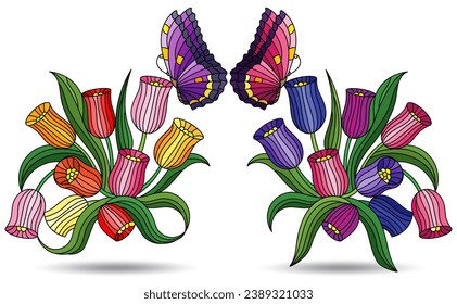 A set of illustrations in the style of stained glass with bouquets of tulips and butterflies, isolated on a white background