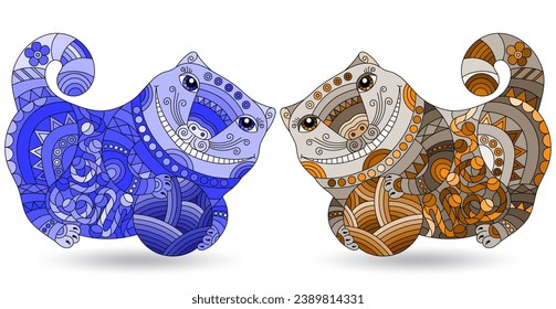 A set of illustrations in the style of stained glass with abstract cartoon cats, animals isolated on a white background, tone blue and brown