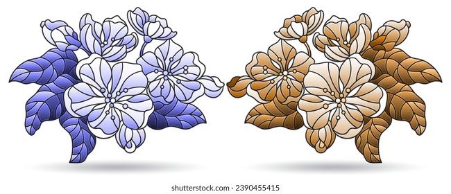 A set of illustrations in the style of stained glass with cherry blossoms, plants isolated on a white background, tone blue and brown