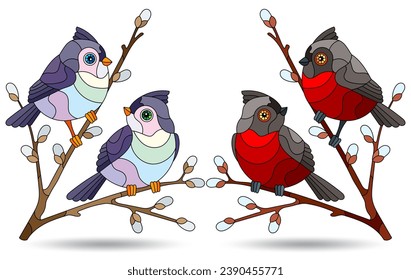 A set of illustrations in the style of stained glass windows with birds on branches, animals isolated on a white background