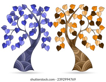 A set of illustrations in the style of stained glass with abstract trees, plants isolated on a white background, tone blue and brown