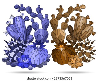 Set of illustrations in the style of stained glass with compositions of cacti, plants isolated on a white background, tone blue and brown