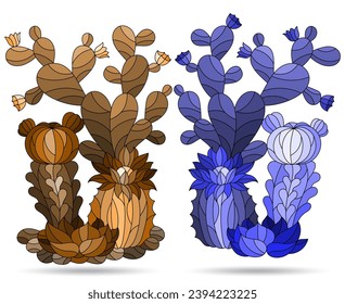 Set of illustrations in the style of stained glass with compositions of cacti, plants isolated on a white background, tone blue and brown